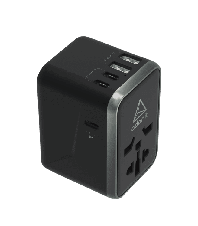 ADONIT Universal Travel Adapter 3C2A - International Wall Charger PD 65W (3 USB-C + 2 USB-A) - Black