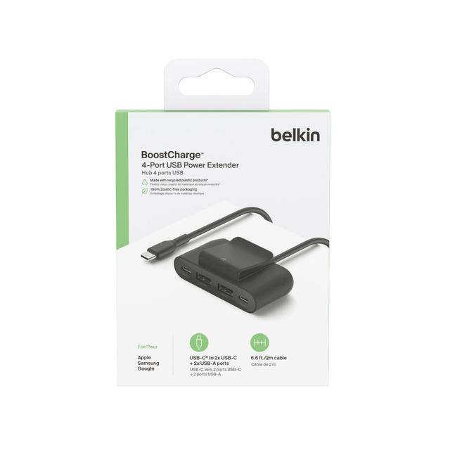 شاحن مكتبي 30 واط أربع مخارج 2 متر مع مشبك تثبيت بيلكن أسود  Belkin 4Port  30W USB Power Extender 2M - SW1hZ2U6MTY3OTUxOQ==