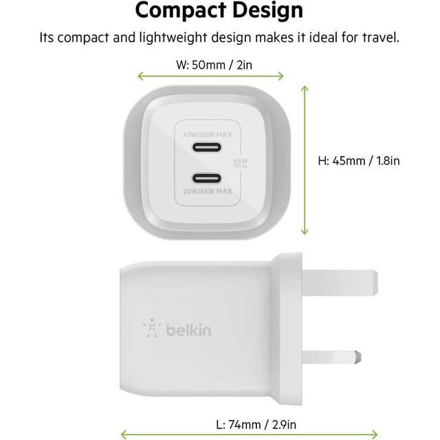 Belkin BOOST CHARGE PRO Dual USB-C GaN Wall Charger with PPS 65W - White - SW1hZ2U6MTY1NDQ4Mw==