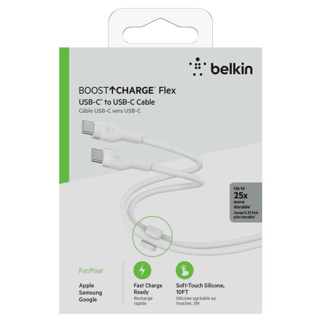 سلك تايب سي سيليكون 100 واط 3 متر بيلكن أبيض  Belkin  Cable Silicone  C to C  2.0 100W 3M - SW1hZ2U6MTY3OTUwNQ==