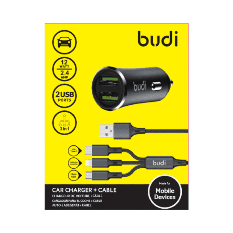 راس شاحن سيارة مع كبل يو اس بي 3 في 1 لون اسود من بيودي Budi Car Charger Cable 2 USB Port 12W x000D