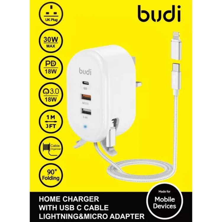 شاحن جدار مع كبل متعدد المهام مدمج من بودي Budi Home Charger With USB-C Cable / Lightning & Micro Adapter - White