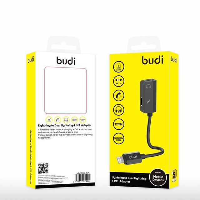 توصيلة شحن وسماعات للايفون لون اسود من بودي Budi Lightning To Dual Lightning 4 in 1 Adapter - SW1hZ2U6MTY1MTg4MA==