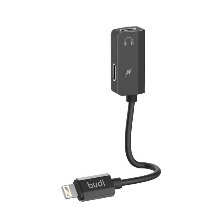 توصيلة شحن وسماعات للايفون لون اسود من بودي Budi Lightning To Dual Lightning 4 in 1 Adapter