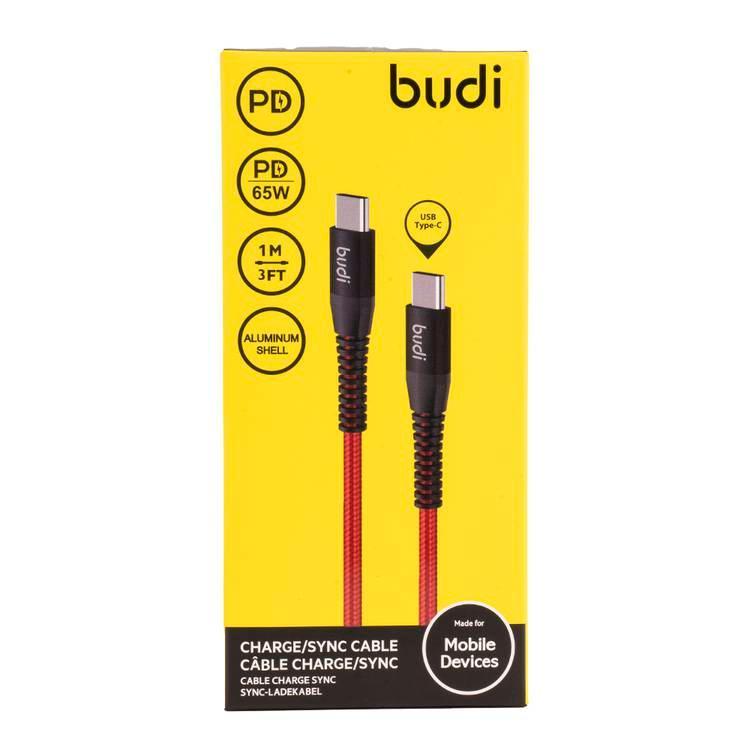 سلك تايب سي شحن سريع 65 واط لون اسود واحمر من بودي Budi Sync Cable USB Type-C PD 65W Black