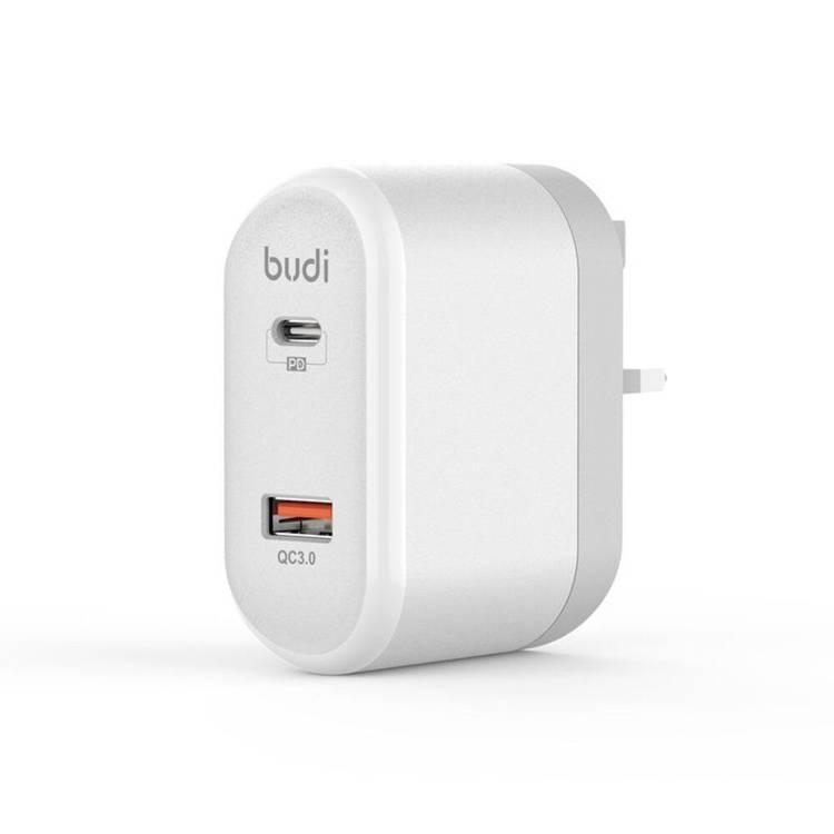 شاحن جداري تايب سي و يو اس بي لون ابيض من بودي Budi Type-C PD Charger 5V / 9V / 12V QC3.0+ - White