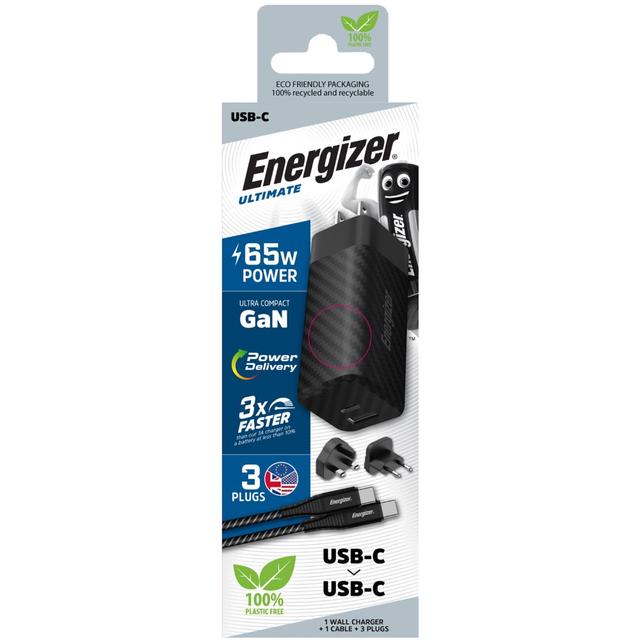 شاحن جداري 65 واط تايب سي و يو اس بي 3.0 لون اسود مع وصلة اينرجيزر ENERGIZER WALL CHARGER 65W EU UK US USBC/C CABLE BLACK - SW1hZ2U6MTY3OTYzNA==