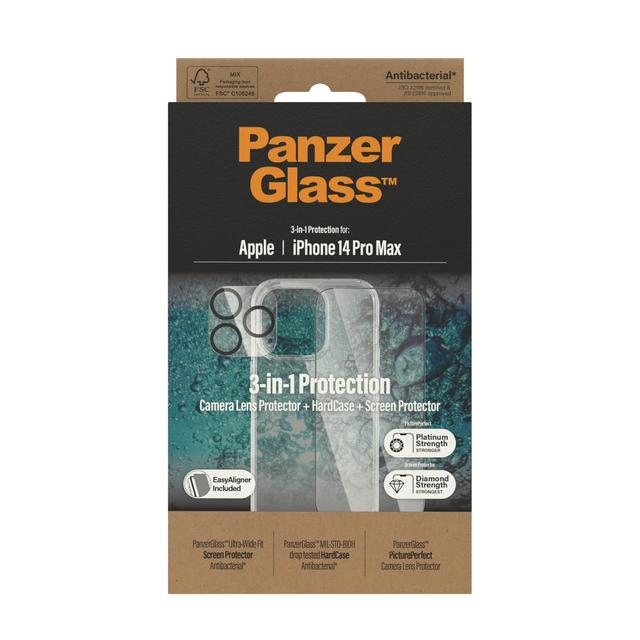 بكج حماية ايفون 14 بروماكس شفاف من بانزر جلاس PANZERGLASS iPhone 14 ProMax 3-in-1 Bundle ClearCase Screen Protector Camera Lens Protector Clear - SW1hZ2U6MTY4MDE4Mg==