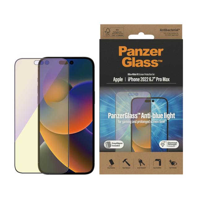 شاشة حماية للضوء الازرق ايفون 14 بروماكس بانزر جلاس PANZERGLASS iPhone 14 Pro Max UWF AntiBluelight Screeen Protector with Applicator Clear - SW1hZ2U6MTY4MDA2OA==