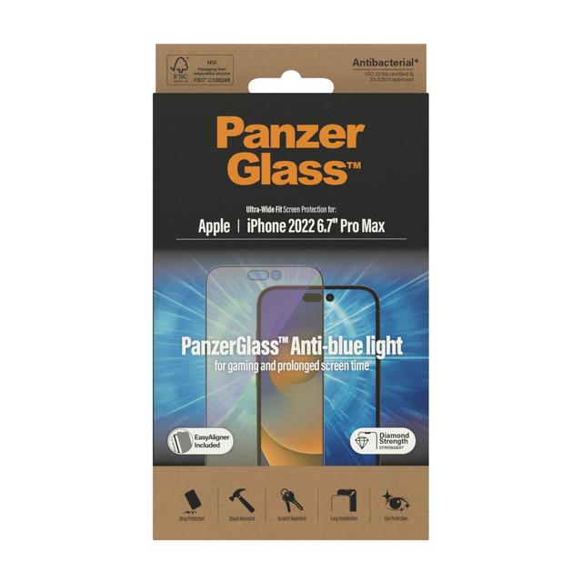 PANZERGLASS iPhone 14 Pro Max - UWF Anti-Bluelight Screeen Protector with Applicator - Clear - SW1hZ2U6MTY4MDA3MA==