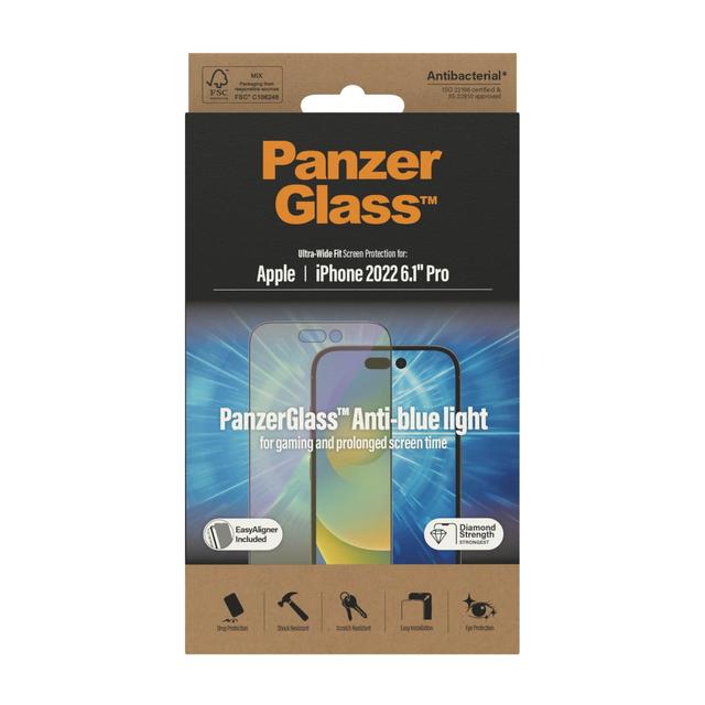 شاشة حماية ضد الضوء الازرق ايفون 14 برو بانزر جلاس PANZERGLASS iPhone 14 Pro UWF Anti Bluelight Screeen Protector with Applicator Clear - SW1hZ2U6MTY3OTMzMg==