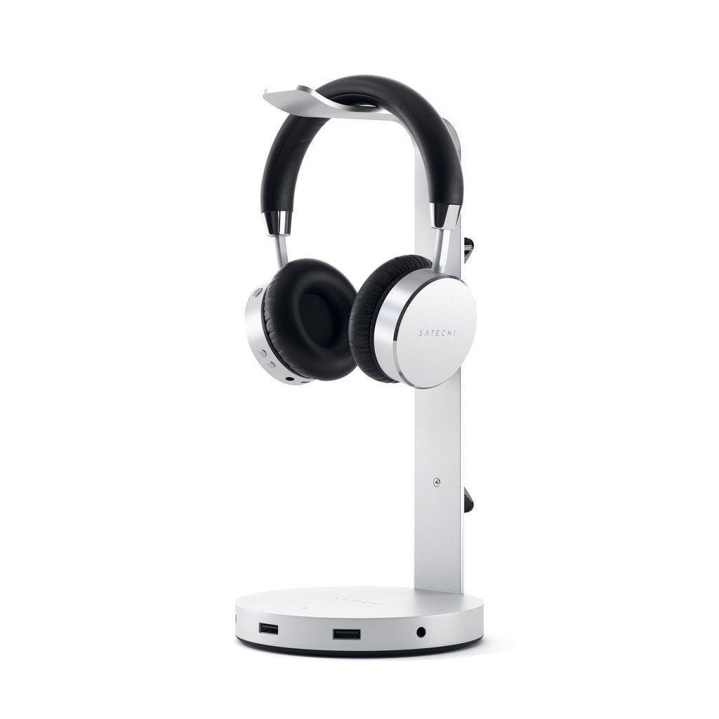 حامل سماعات مع 3 منافذ يو اس بي فضي ساتشي  SATECHI Aluminum Headphone Stand Hub and 3.5mm AUX Port