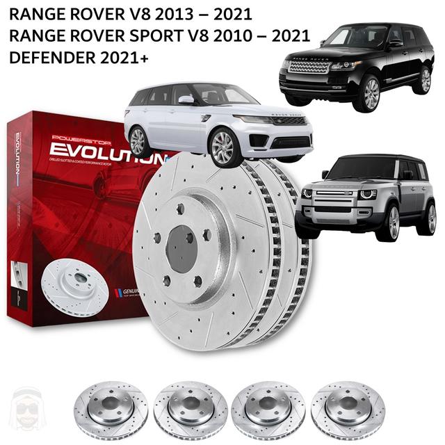 Range Rover Vogue and Sport V8 and Defender - Drilled and Slotted Brake Disc Rotors by PowerStop Evolution - SW1hZ2U6MTkxOTcyMg==