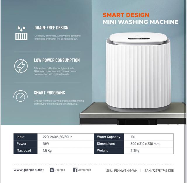 غسالة ملابس متنقلة صغيرة بورودو 1.5 كجم 18 واط Porodo LifeStyle Mini Washing Machine