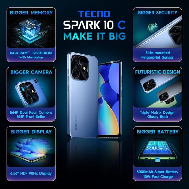 موبايل جوال تكنو سبارك 10 سي رامات 4 جيجا - مساحة تخزين 128 جيجا Tecno Spark 10C Smartphone - SW1hZ2U6MTY2NzY4OA==