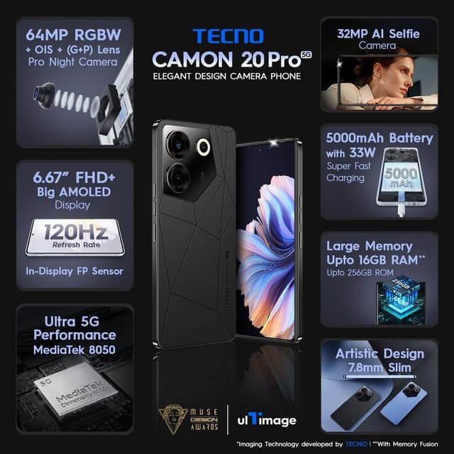 موبايل جوال تكنو كامون 20 برو رامات 8 جيجا - مساحة تخزين 256 جيجا Tecno Camon 20 Pro Smartphone
