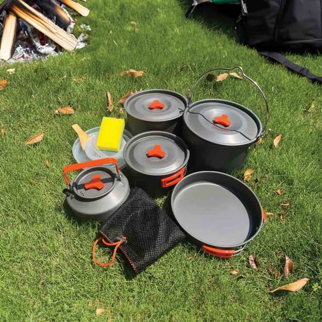عدة طبخ للرحلات جرين 3 قدر طبخ وابريق شاي ومقلاة Green Lion Camping Cookware Set Orange Black