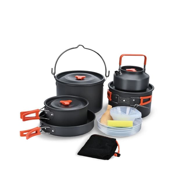 عدة طبخ للرحلات جرين 3 قدر طبخ وابريق شاي ومقلاة Green Lion Camping Cookware Set Orange Black