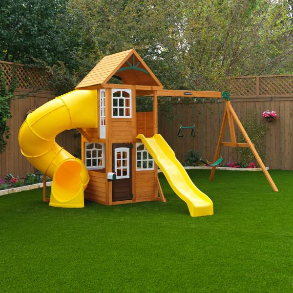 مجموعة العاب خارجية للاطفال كيد كرافت 2 أرجوحات و 2 زحليقة Kidkraft Castlewood Wooden Swing Set / Playset - SW1hZ2U6MTcwMTMzNw==