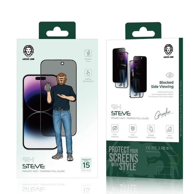 شاشة الملاقيف 9H ايفون 15 برو ماكس غرين ليون Green Lion 9H Steve Privacy Screen Protector for iPhone 15 Pro Max - 340390