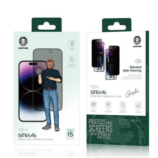 شاشة الملاقيف 9H ايفون 15 برو غرين ليون Green Lion 9H Steve Privacy Screen Protector for iPhone 15 Pro - SW1hZ2U6MTcyNTMzNQ==