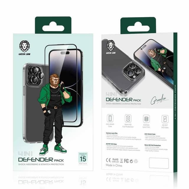بكج حماية ايفون 15 بروماكس 4 في 1 من غرين ليون Green Lion 4 in 1 Defender Pack for iPhone 15 Pro Max