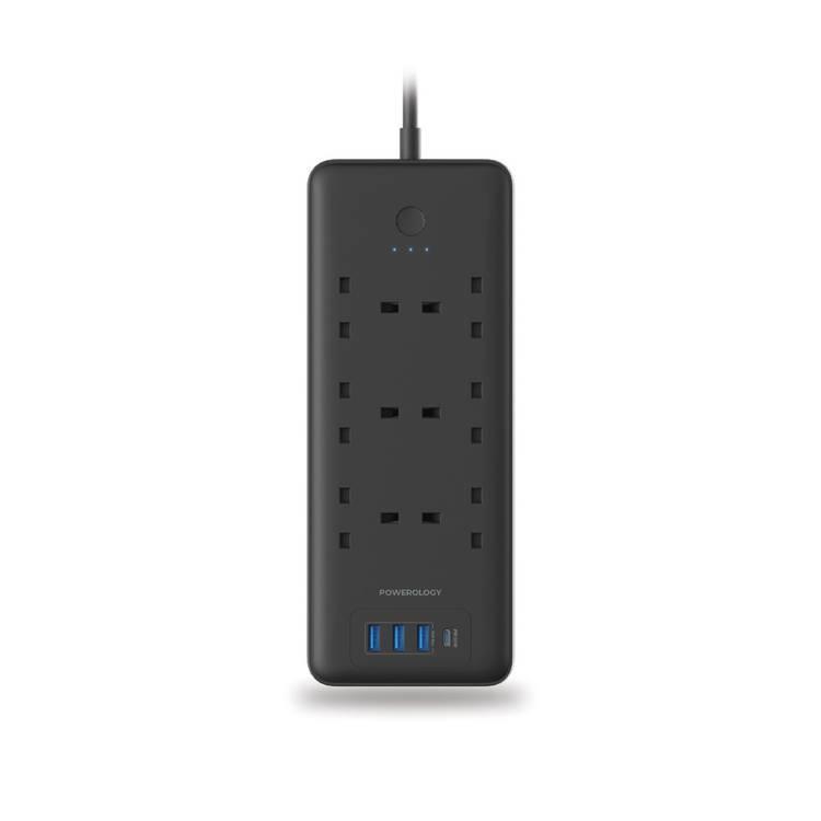 توصيلة كهرباء 48 واط 6 مقابس و 3 منافذ بورولجي Powerology 48W 6AC 1x PD USB-C and 3x QC USB-A Power Strip UK PD 30W