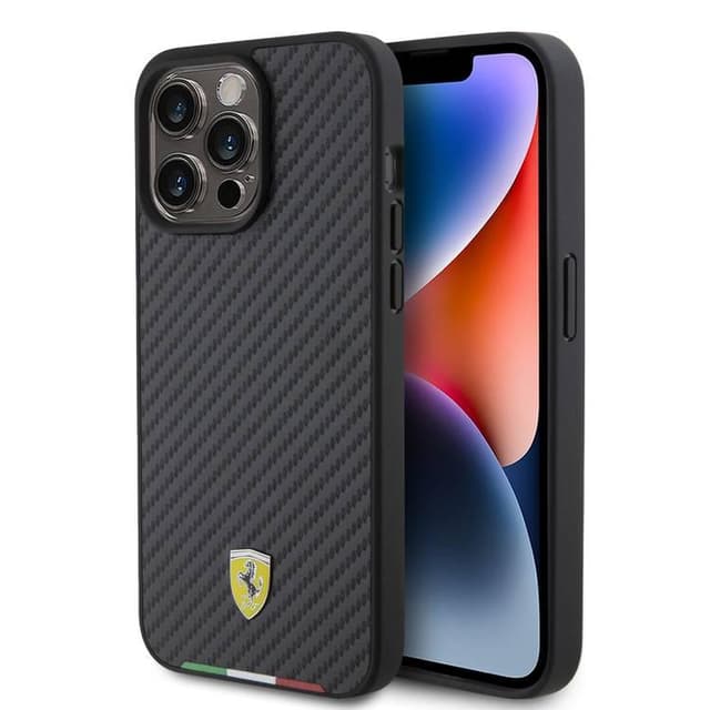 Ferrari PU Leather Case with Italy Flag Line for iPhone 15 Promax - Carbon