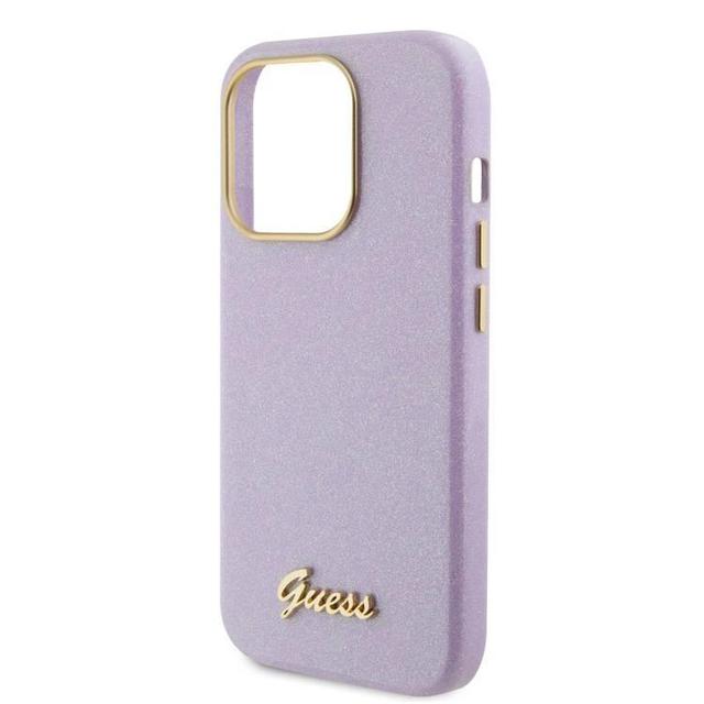 كفر ايفون 15 برو ماكس ليلكي غيس Guess PU Glitter Glossy Case with Guess Script Logo for iPhone 15 Promax