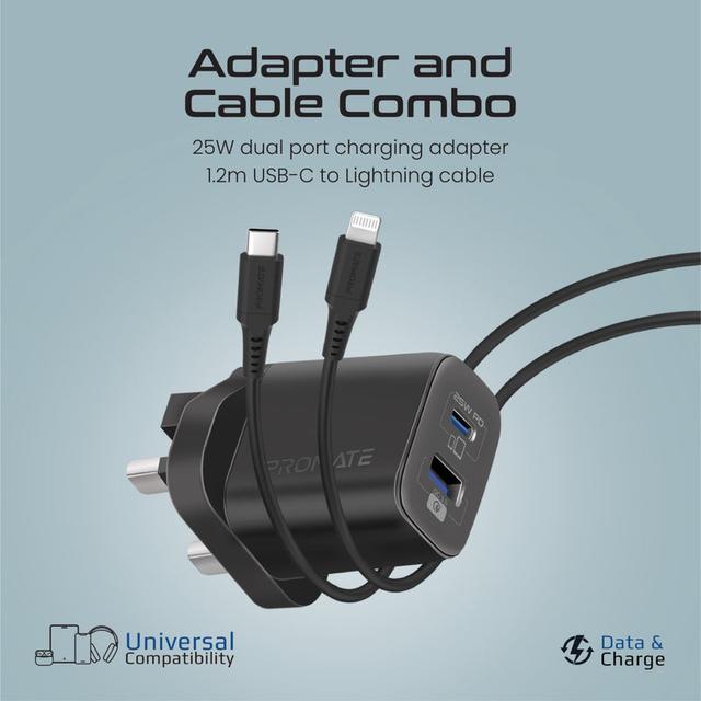 فيش جداري شاحن حائط منفذين تايب سي بروميت مع كابل شحن ايفون Promate Power Delivery Dual Port Adapter With Lightning Cable