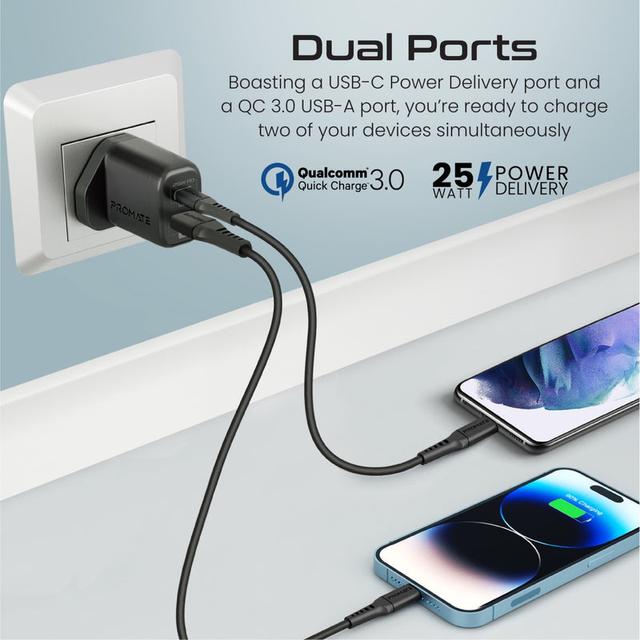 فيش جداري شاحن حائط منفذين تايب سي بروميت مع كابل شحن ايفون Promate Power Delivery Dual Port Adapter With Lightning Cable