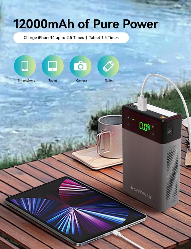 اشتراك سيارة متنقل و منفاخ إطارات راف باور 12000 مللي أمبير Ravpower Jump Starter And Air Compressor