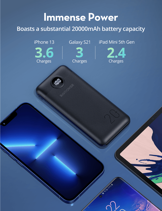 شاحن متنقل باور بنك راف باور 20000 مللي أمبير 20 واط بي دي RAVPower PD 3-Port USB-C Power Bank