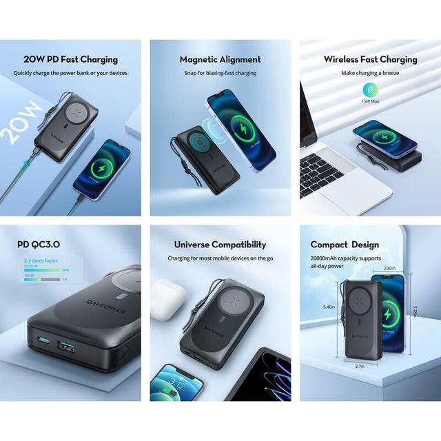 شاحن متنقل باور بنك لاسلكي راف باور 20000 مللي أمبير 15 واط RAVPower PD Magnetic Wireless Power Bank