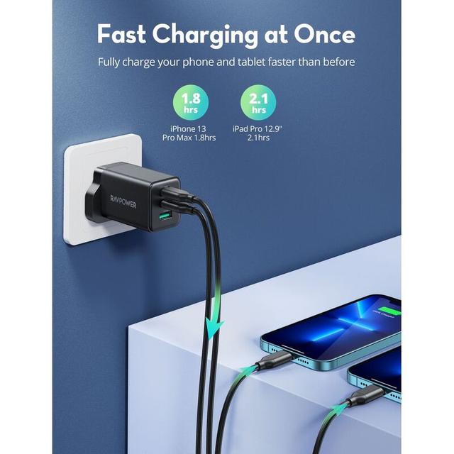 فيش جداري شاحن حائط 3 منافذ راف باور 65 واط RAVPower GaN 3-Port Wall Charger