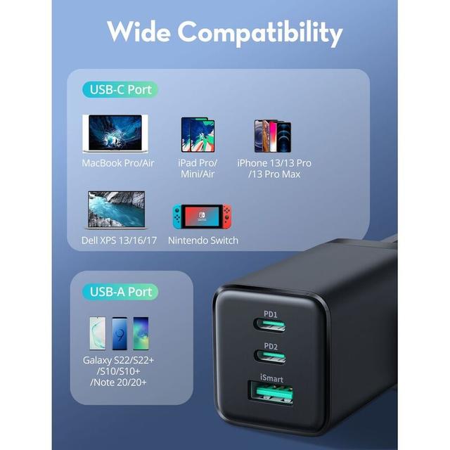 فيش جداري شاحن حائط 3 منافذ راف باور 65 واط RAVPower GaN 3-Port Wall Charger