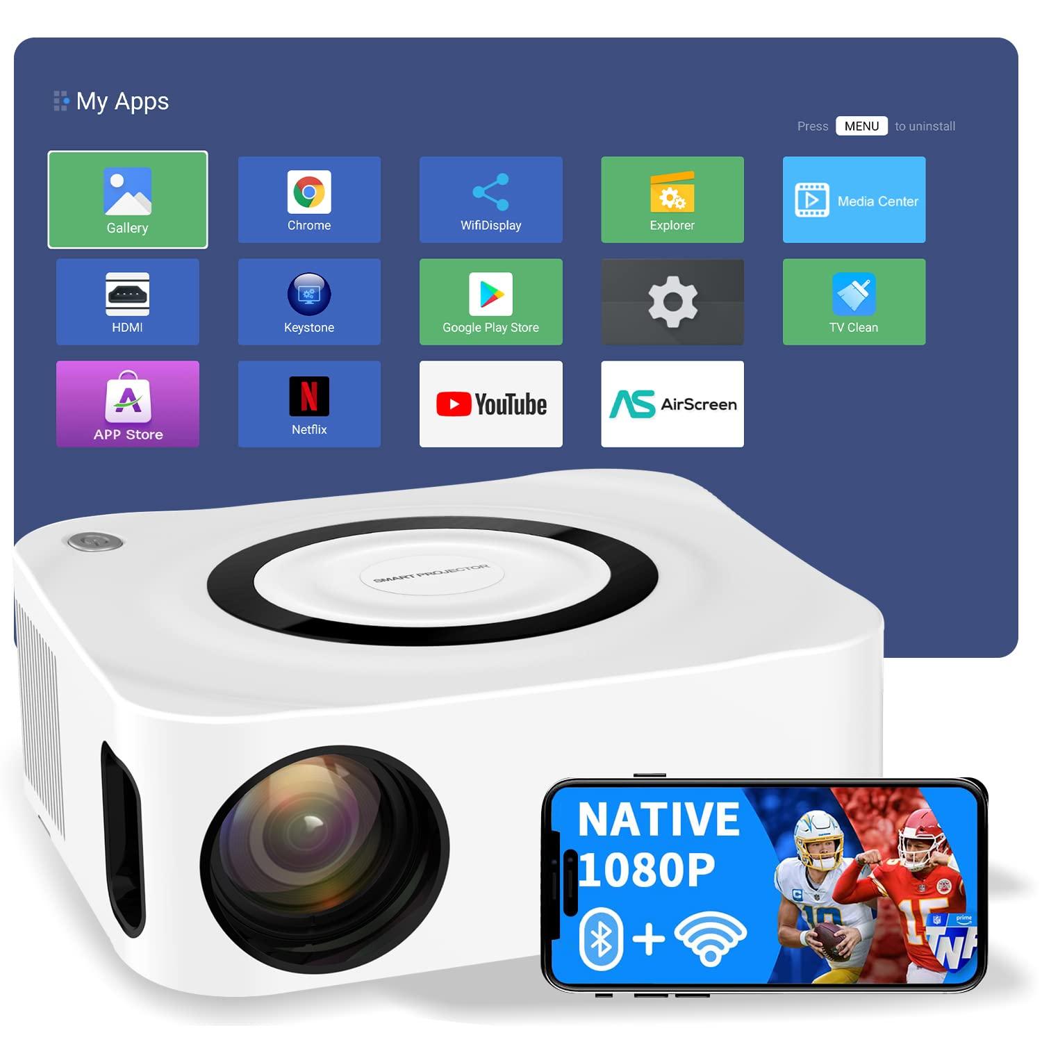 بروجكتر سمارت 1080 بكسل يدعم 4K لون أبيض من وونكيت Wownect Portable Android Projector