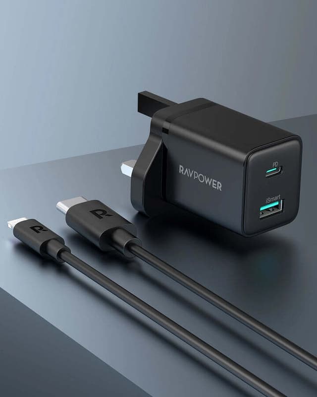 فيش جداري شاحن حائط منفذين راف باور 20 واط مع كابل شحن تايب سي RAVPower Pd 2-in-1 USB Charger Combo with Cable