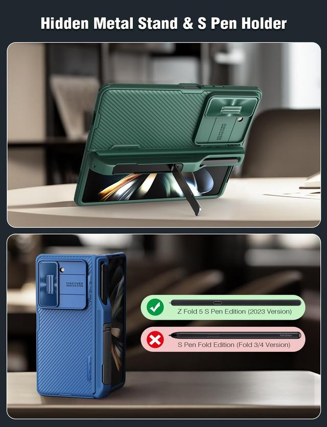 Nillkin Camshield Pro Cover for Samsung Galaxy Z Fold 5 Slim S Pen Case with Slide Camera Cover & Hinge Protection & Metal Kickstand & Wireless Charging, Thin and Slim Protective Phone Case - Green - SW1hZ2U6MTc2NDU2Mg==