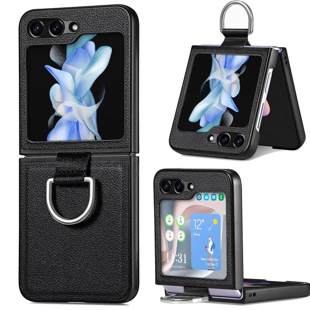 O Ozone Flip Case For Samsung Galaxy Z Flip 5 Cover With Ring Holder, Premium PU Leather Non-Slip Durable Protective Slim Thin Shockproof Phone Case Cover for Z Flip5 5G- Black - SW1hZ2U6MTc2MzQ0Mw==