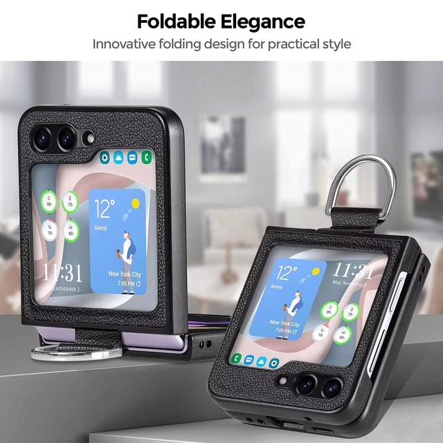 O Ozone Flip Case For Samsung Galaxy Z Flip 5 Cover With Ring Holder, Premium PU Leather Non-Slip Durable Protective Slim Thin Shockproof Phone Case Cover for Z Flip5 5G- Black - SW1hZ2U6MTc2MzQ1Ng==