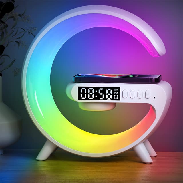 مصباح ليد بإضاءة RGB وشاحن لاسلكي وساعة ومكبر صوت لون أبيض من او اوزون O Ozone Wireless Charger Atmosphere Lamp