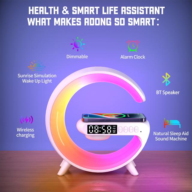 O Ozone Wireless Charger Atmosphere Lamp | G Shape Light Up Wireless Speaker|Portable LED Bluetooth Speaker Night Light Touch Lamp Alarm Clock with Music Sync, App Control for Bedroom Home Decor-White - SW1hZ2U6MTc2MjYzOA==