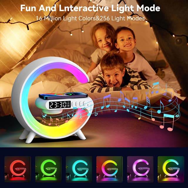 مصباح ليد بإضاءة RGB وشاحن لاسلكي وساعة ومكبر صوت لون أبيض من او اوزون O Ozone Wireless Charger Atmosphere Lamp