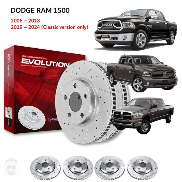 Dodge RAM 1500 Classic 2006 to 2023 - 4 Drilled and Slotted Brake Disc Rotors by PowerStop Evolution - SW1hZ2U6MzE2NDQ3Mw==