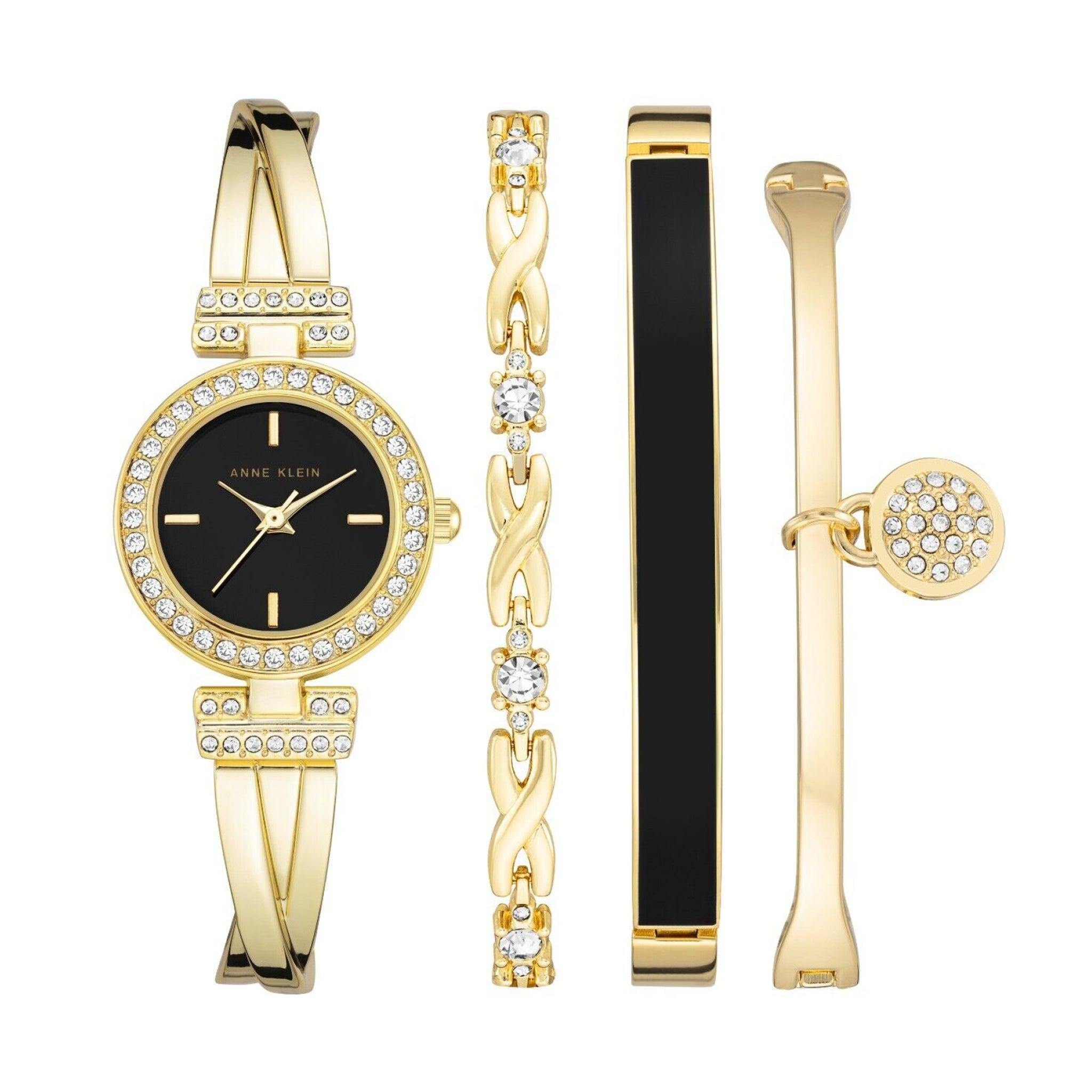 ساعة يد نسائية مقاس 25 ملم باللون الذهبي آن كلاين Anne Klein Women's Black Dial Gold-Tone Bracelet Watch Set Ak/2238-Bkst