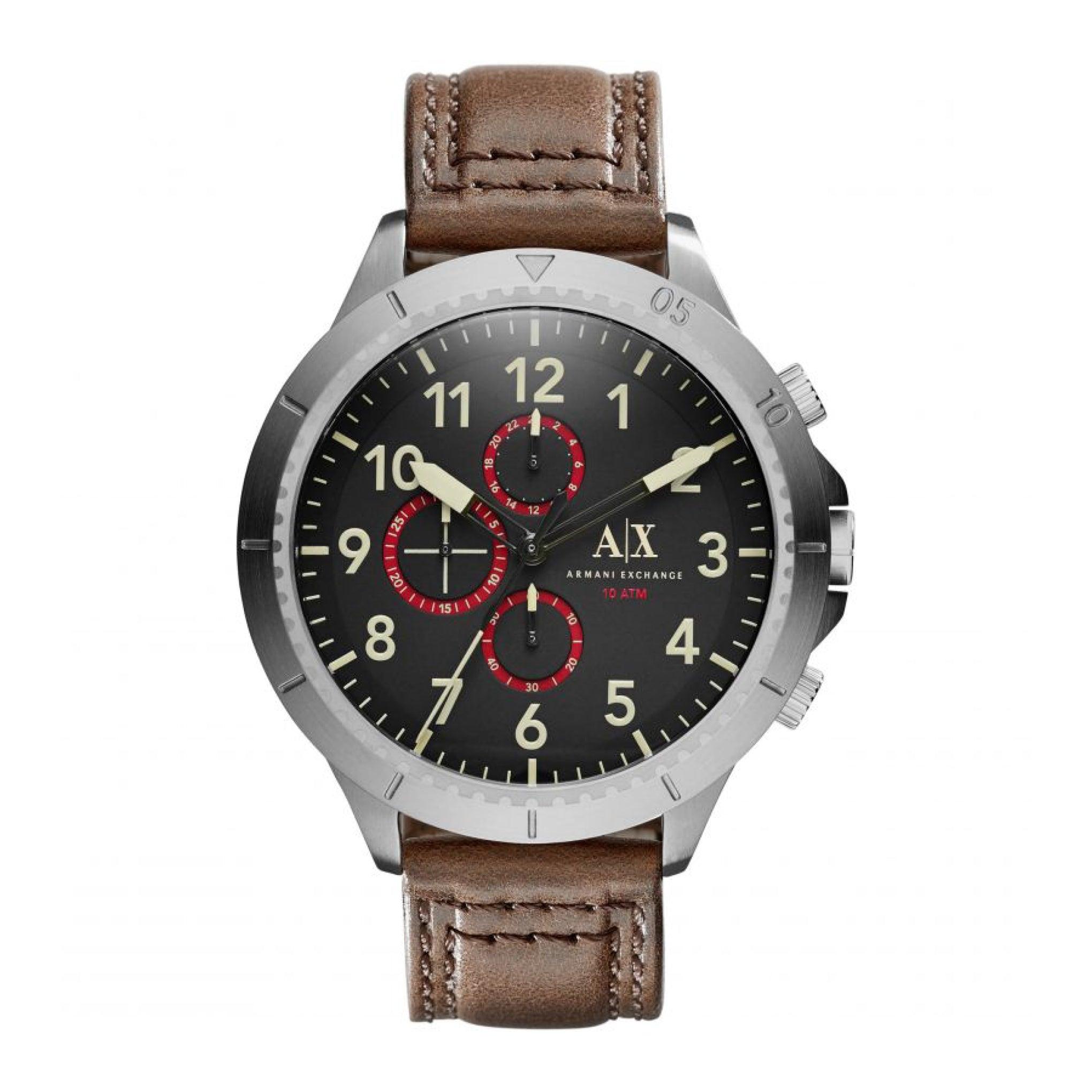 ساعة يد رجالية مقاس 50 ملم بحزام بني من الجلد أرماني Armani Exchange Men's Quartz Brown Leather Watch Ax1755