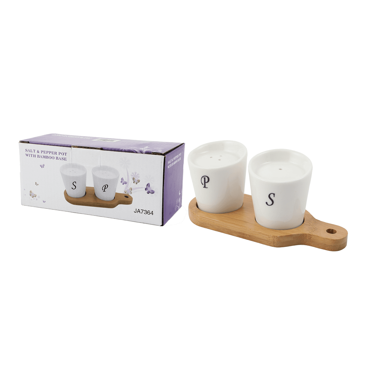 ملاحة ملح و فلفل بورسلين عاجي 16.8 سم مع قاعدة خشب بامبو كروت Cruit Bamboo Porcelain Salt & Pepper Set