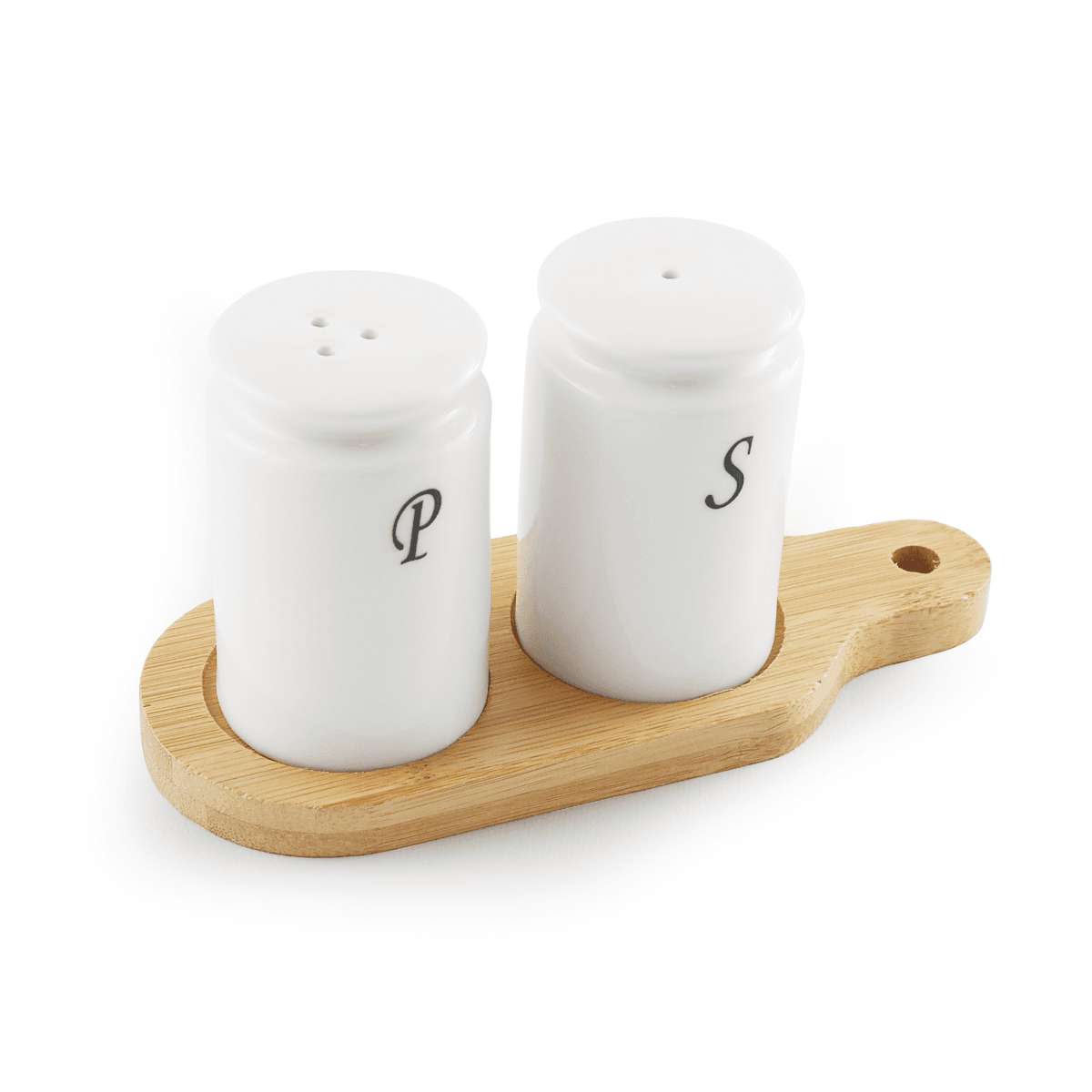 طقم ملاحات ملح و فلفل بورسلين عاجي مع قاعدة خشب بامبو 16.8 سم ب2ب كروت بامبو Bamboo Porcelain Salt & Pepper Set