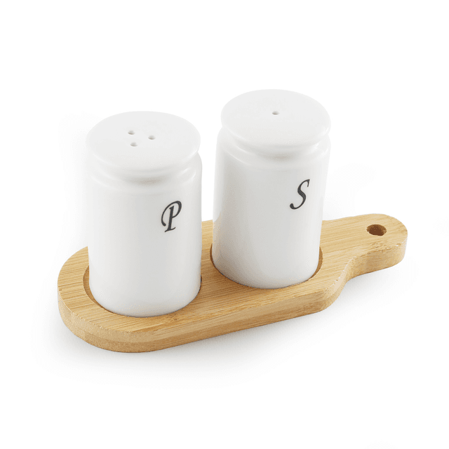 طقم ملاحات ملح و فلفل بورسلين عاجي مع قاعدة خشب بامبو 16.8 سم ب2ب كروت بامبو Bamboo Porcelain Salt & Pepper Set - SW1hZ2U6MTg0MzMxMg==